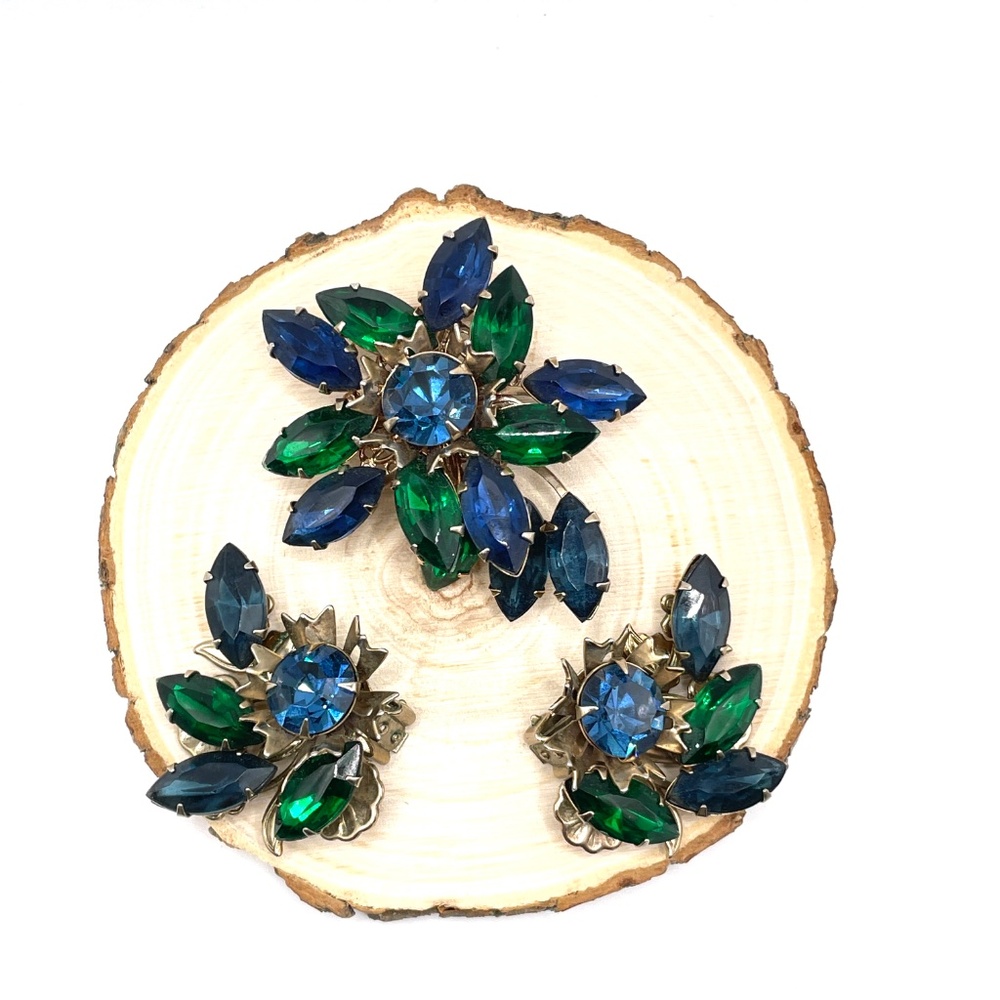 Vintage Blue Green Rhinestone Brooch Clip Earrings Set